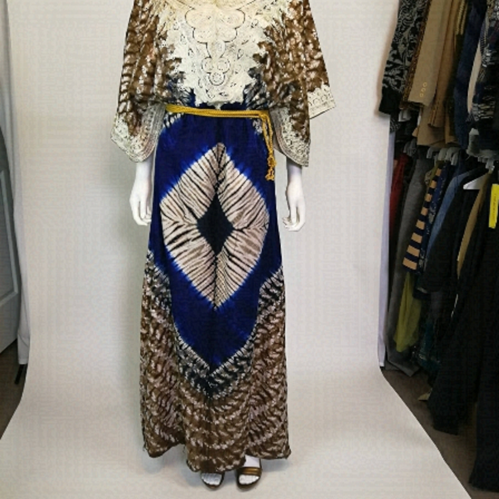 Vintage 70s Afro-centric heirloom robe wax print embroidered maxi length caftan - Picture 8 of 15